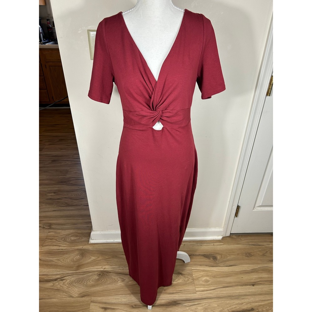 Pact Maxi Dress‎ M Burgundy Twist Knot Cutout Organic Cotton Blend Luxe Ethical